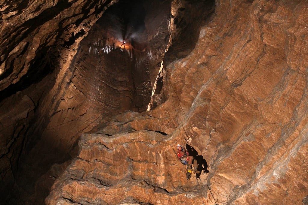 Zvijerko brezno from bottom up. Vručični Snovi Cave, Montenegro 2023. Photo: Jeff Wade