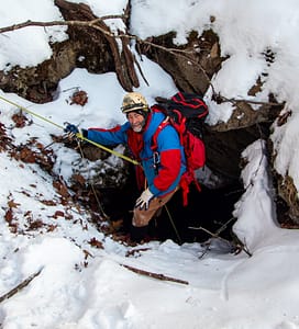 Ascending a cave in the winter requires entering in your hiking gear. Photo: Katarina Kosič Ficco