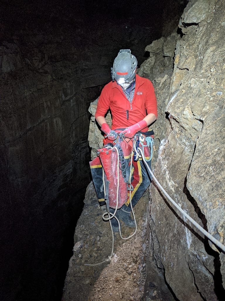 Getting ready for the rig. Phillip Moneyhun is getting ready to start riggin Zvijerko shaft. Montenegro 2023 Photo: Tommy Cleckner